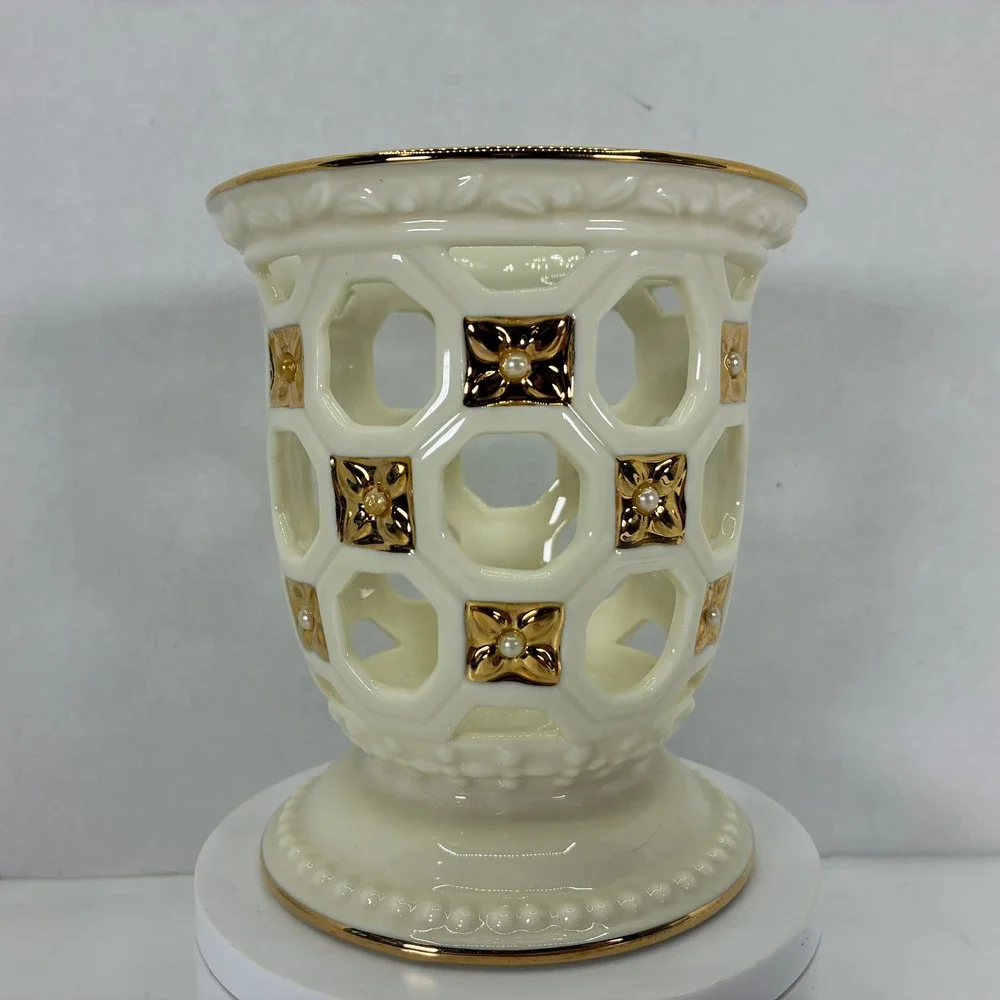 Lenox Illuminations Florentine & Pearl Votive Candle Holder Ivory Gold 5in